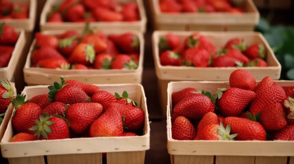 : ripe strawberries arranged on thin wooden box, showcased at a vibrant street food market, capturing the essence of summer and providing a tempting treat. - 722791733