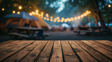 Wooden table on blur tent camping at night background	