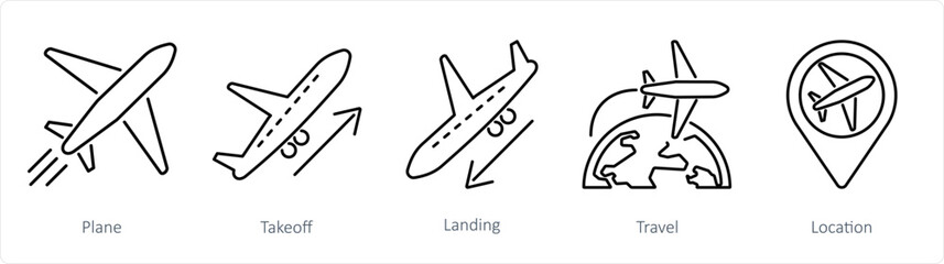 A set of 5 Airport icons as plane, take off, landing