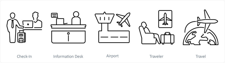 A set of 5 Airport icons as check in, information desk, airport