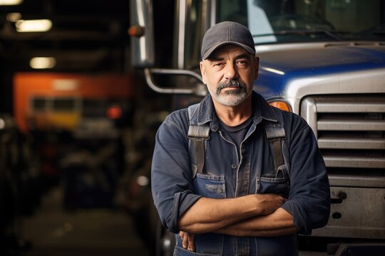 truck repair shop owner in uniform in the garage, truck on background