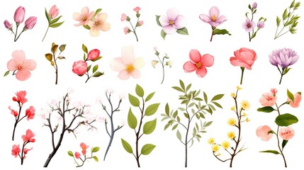 Collection of floral elements with spring flowers with tree branches as Detailed clip art elements, isolated arrangements as design for banners, postcards, advertising, social media posts, textile, 