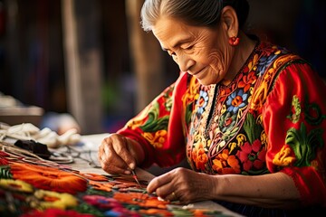 senior Mexican women in white clothes make Mexican embroidery
