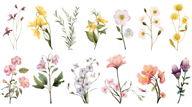 Collection of floral elements with spring flowers with tree branches as Detailed clip art elements, isolated arrangements as design for banners, postcards, advertising, social media posts, textile, 