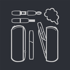  Electronic cigarette and accessories icons for vape shop. Doodle style. Isolated dark background. Vector.