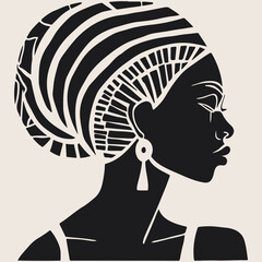 Abstract art vector outline illustration of african woman face. Black and white coloring page of girl face portrait. Modern print, poster image