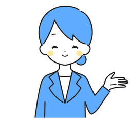 青色｜案内するスーツの女性｜左手