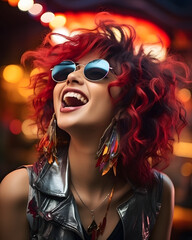 Portrait of Cheerful Smiling Woman with Curly Red Hair Wearing Sunglasses