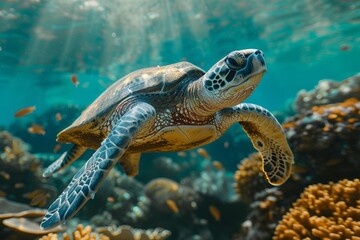 Obraz premium Ocean turtle swimming, perfect for nature and underwater themed designs, educational materials, and conservation campaigns.