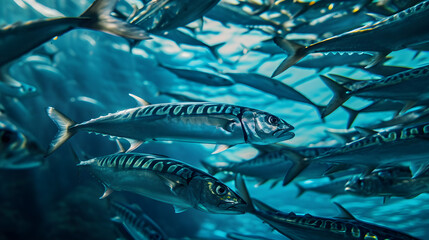 shoal of mackerel fish underwater - obrazy, fototapety, plakaty