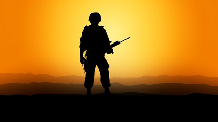 Fototapeta na wymiar Soldier salute. Silhouette on sunset sky. War, army, military, guard concept.