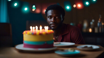 A lonely african man sitting in front of his birthday cake lit with candles. 	 - Powered by Adobe