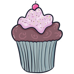 Chocolate cupcake with strawberry coating and cherry on top