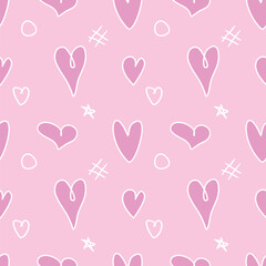 Seamless pink abstract pattern of different outline hearts and doodles. Freehand scribble background, texture for textile, wrapping paper, Valentines day, romantic design