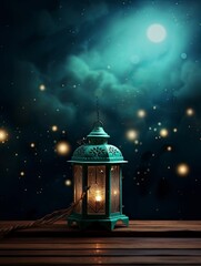 Arabic lantern on a wooden table surrounded by clouds and dew with a background of leaves at night and the moon, turquoise green, copy space - generative ai