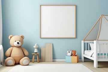 Empty frame on blue wall in child room. Contemporary mock-up. Copy space for picture/poster. Plush toys. Close-up. 3D rendering. Generative AI