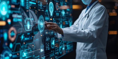 doctor using artificial intelligence on virtual screen for medical research - future medicine healthcare laboratory concept - obrazy, fototapety, plakaty
