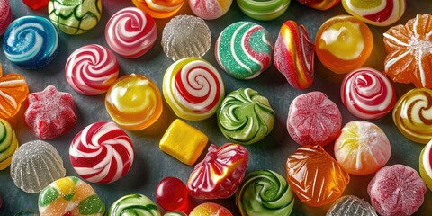 Colorful hard candies pile. Small shiny lollipop pile, fruit confectionery group, round sweets...