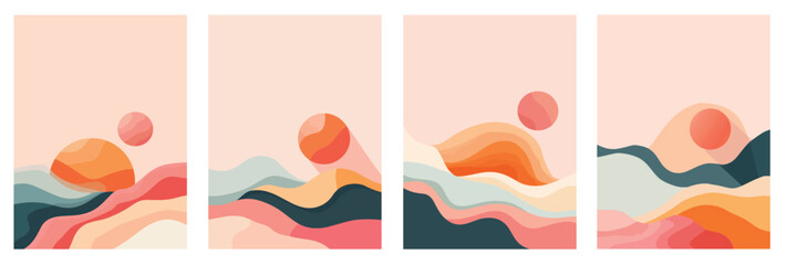 Fototapeta premium Abstract Landscape View Poster Design in Warm Color Japandi Interior Sty/e 