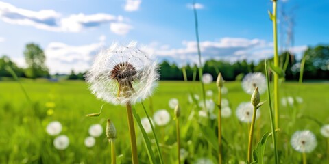 Fluffy Dandelion on a Green Meadow, Soft White Balls