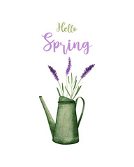 Features charming watercolor illustration of green watering can filled with vibrant purple lavender flowers, celebrating arrival of spring.