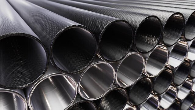 Tracking DOF camera looping 3D animation of the carbon fiber and stainless steel pipes stacked at warehouse rendered in UHD