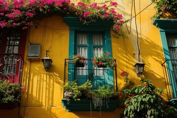 Fototapeta na wymiar The facade of a beautiful house in the colors of Latin America