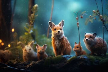 Obraz premium cute mini creatures in the forest generative ai