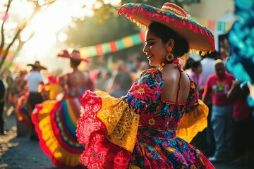 A pair of Latin American dancers in traditional Mexican clothes