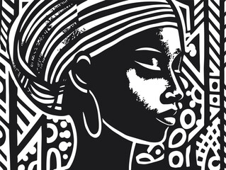 Abstract art vector outline illustration of african woman face. Black and white coloring page of girl face portrait. Modern print, poster image