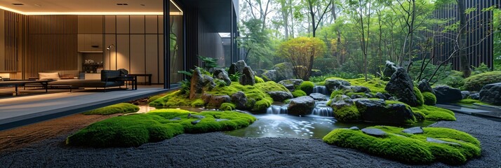peaceful japanese stone and water garden with moss, modern architecture