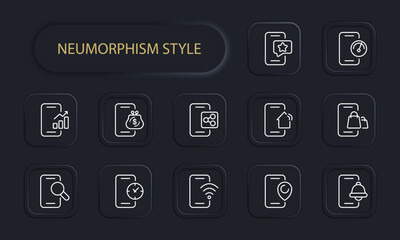 Smartphone with applications line icon. Wallet, favorites, gadget, device, Wi-Fi, magnifying glass, shopping. Neomorphism style. Vector line icon for business and advertising