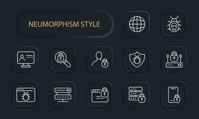 Virus protection line icon. Beetle, hacker, magnifying glass, monitor, site, threat, security, server, password, protection. Neomorphism style. Vector line icon for business and advertising