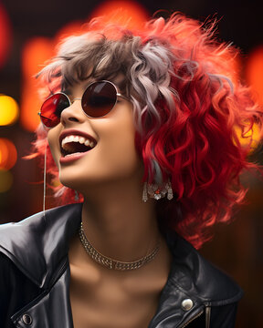 Portrait of Cheerful Smiling Woman with Curly Red Hair Wearing Sunglasses