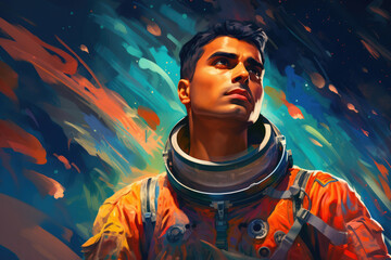 
Artistic illustration of an Indian astronaut, in a vibrantly colored space suit, looking up towards the cosmos - obrazy, fototapety, plakaty