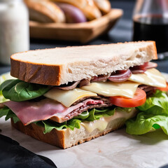 White bread sandwich with boiled pork, cheese, tomato and lettuce. Realistic Photo