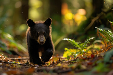 A lively bear cub embarks on a journey through the vibrant tapestry of the forest