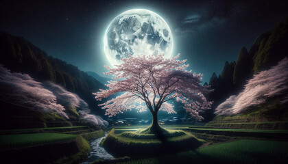 満月に照らされる一本桜 - obrazy, fototapety, plakaty