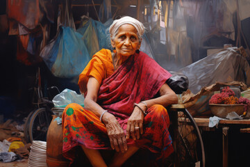 
Illustration of an elderly Indian woman, approximately 70 years old, sitting outside a makeshift shelter in the slums of Mumbai, surrounded by vibrant colors despite the poverty
