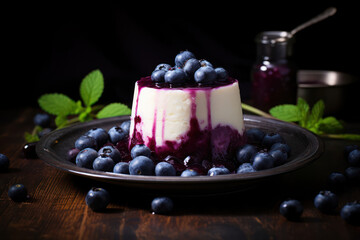 
Photo of a creative panna cotta with a blueberry jelly top layer, in a round glass, on a rustic wooden table with blueberries scattered around