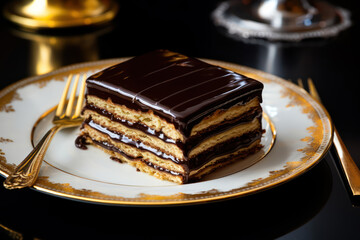 
Photo of a decadent opera cake with its distinct layers, on a silver platter with a gold fork