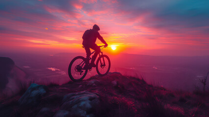Silhouetted cyclist reaches the hilltop, touching the radiant sun as it sets, casting vibrant hues across the sky.

