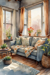 Fototapeta na wymiar Dreamy Interiors a Watercolor Journey through Cozy Spaces