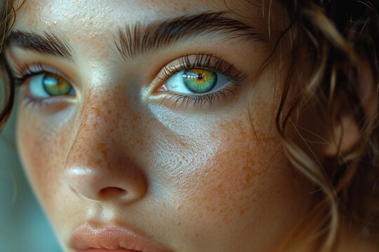 close-up of a pretty girl's face with beautiful big blue eyes, big lashes and eyebrows
