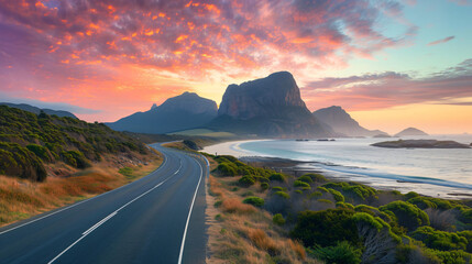 Road with mountain near beach at sunset