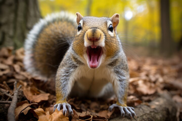 A lone squirrel exhibiting aggressive posturing and foam around its mouth, a rare but possible sign of rabies