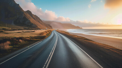 Road with mountain near beach at sunset