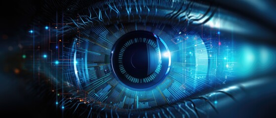 Closeup of a human eye integrated with virtual holographic surveillance elements, Ai Generated