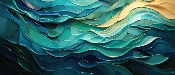 Deurstickers Dynamic waves of turquoise, green, and blue in an abstract mosaic tile wall texture background with captivating shapes, Ai Generated. © Crazy Juke