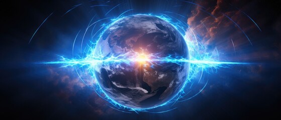 Description 1: Witness the mesmerizing electromagnetic plasma glow above the Earth's atmosphere, Ai Generated.